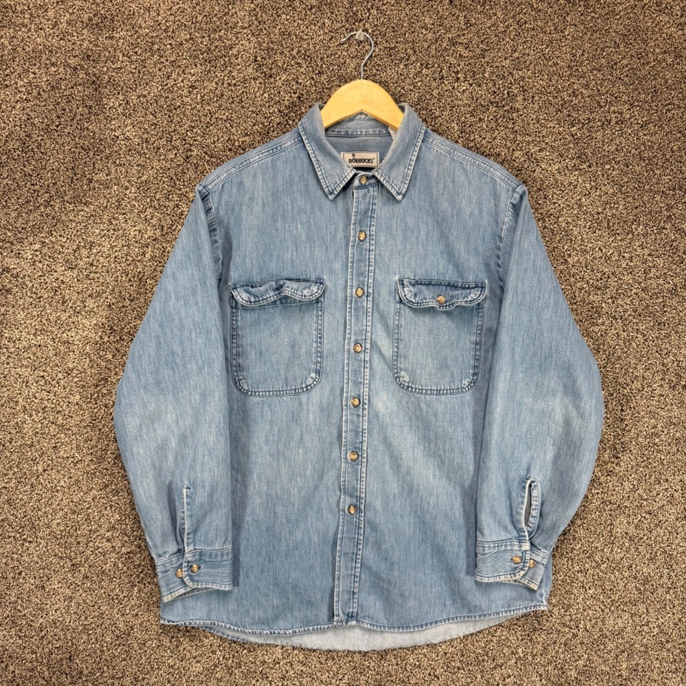 Vintage Sears Roebucks Denim Shirt Mens XL Blue Long Sleeve Workwear 70s 80s